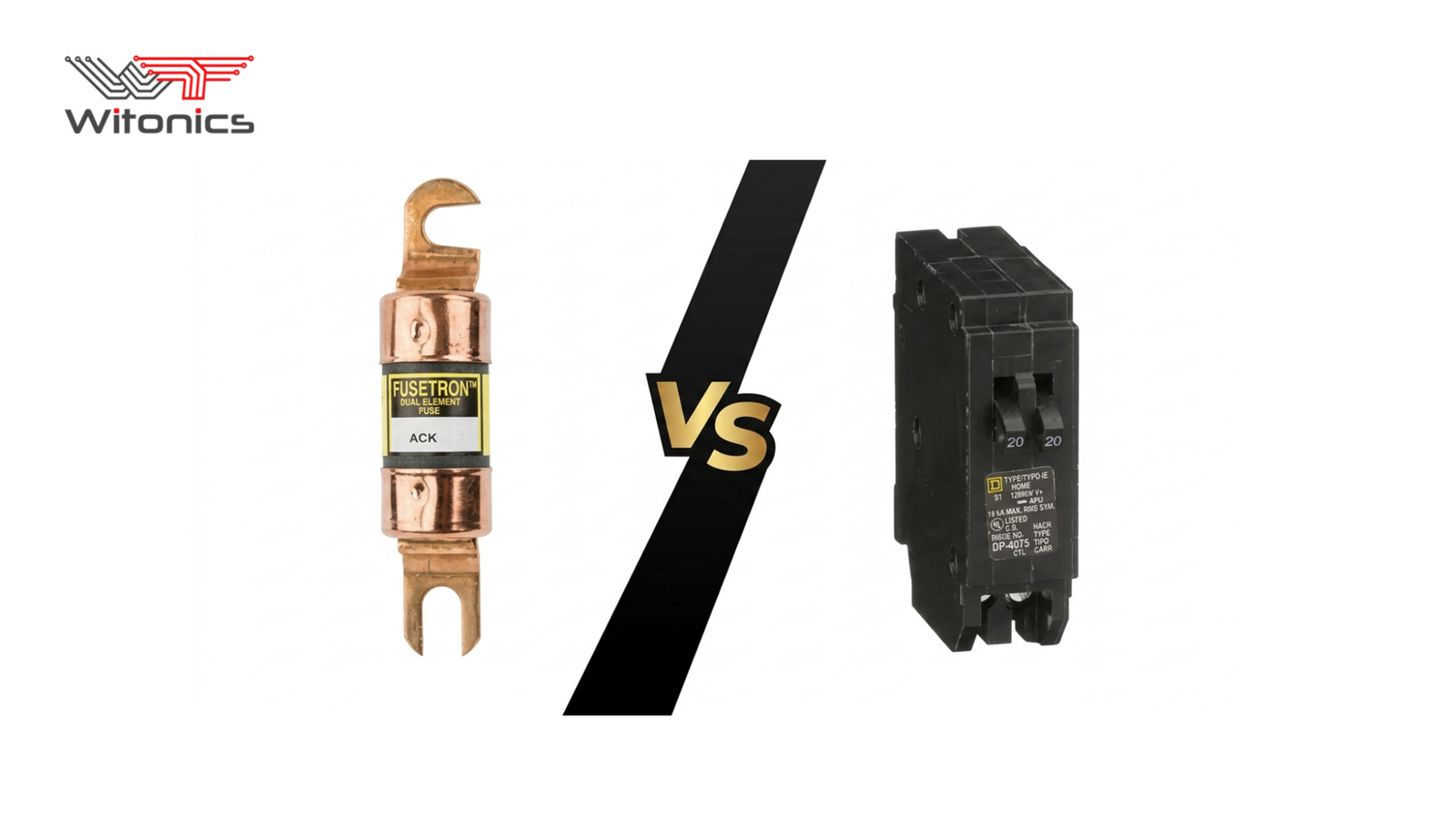 Side-by-side comparison of a Fusetron fuse and a Square D double-pole circuit breaker for home electrical panel protection.