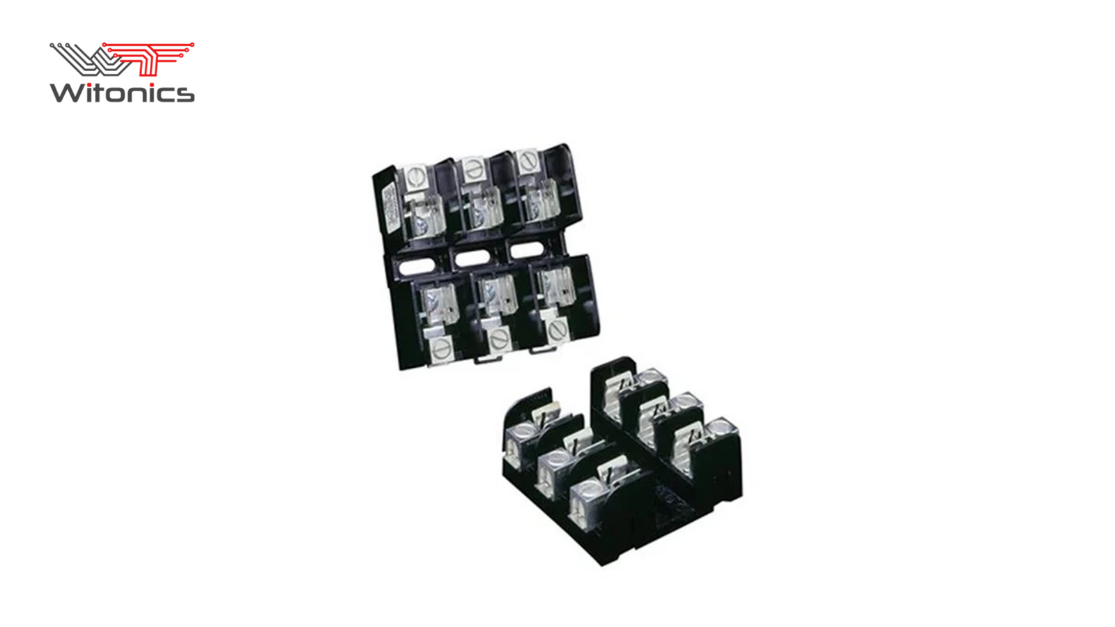 Two multi-pole fuse holder blocks with screw terminals, used for mounting fuses in electrical panels and control systems.