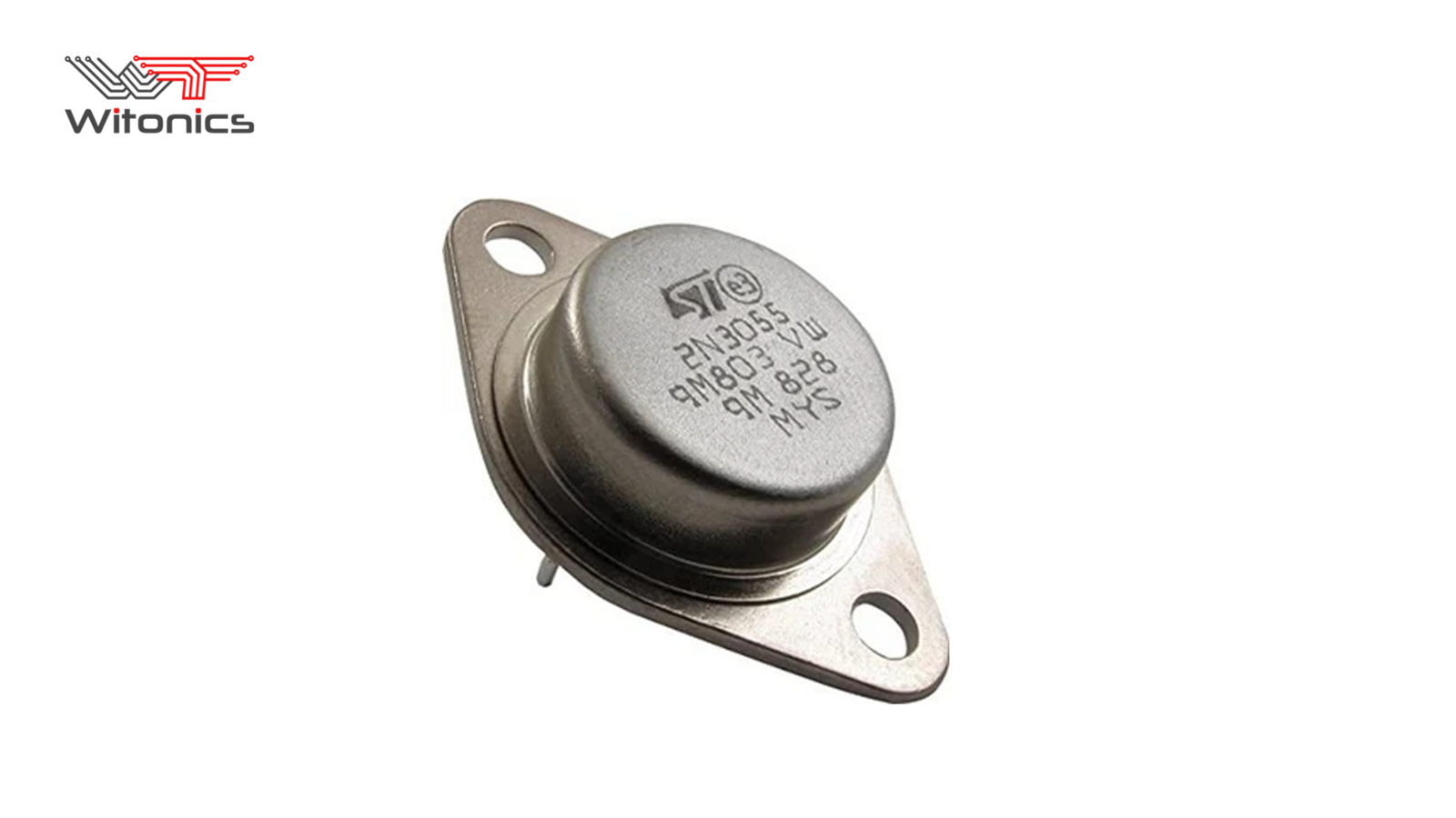 Close-up photo of an STMicroelectronics 2N3055 power transistor in a metal TO-3 package for multimeter continuity testing.